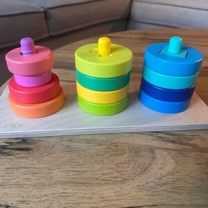Lovevery Wooden Stacking Towers Puzzle - Pink, Yellow, Blue
